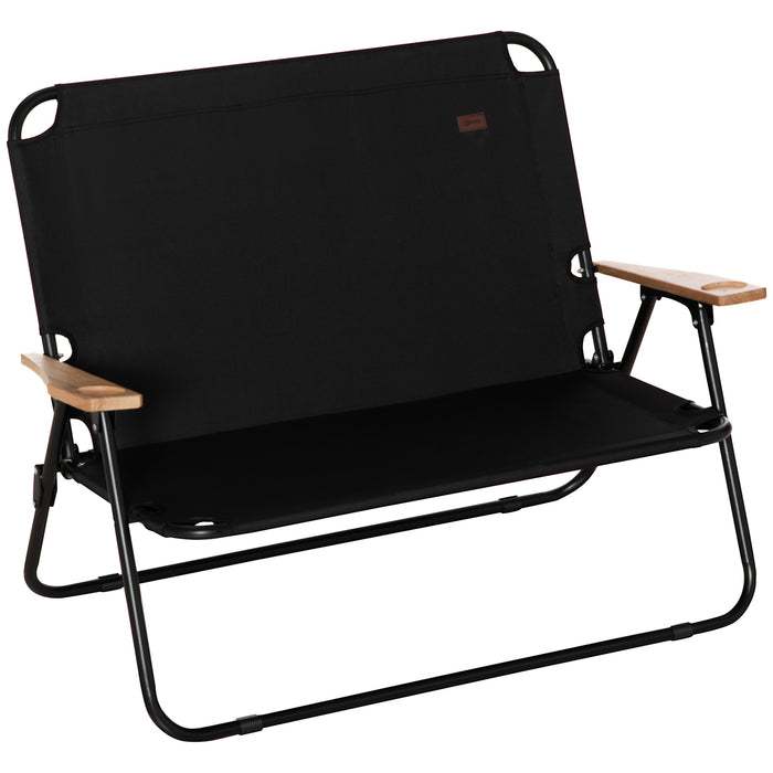 Outsunny Double Folding Camping Chair, Loveseat for 2 Adults, Portable Camping Couch with Wood Armrest & Cupholders, for Backpacking, Beach, Sports Travel, Black - DTYStore