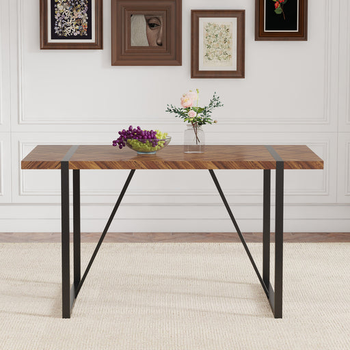 A minimalist retro rectangular dining table with a specially textured top and black metal legs.Contemporary Minimalist MDF Dark Wood Textured Tabletop.Able To Give People A Visual Beauty With Rules. - DTYStore