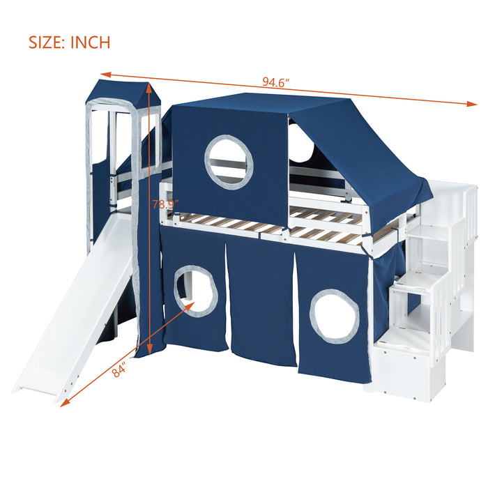 Twin Size Loft Bed with Tent and Tower - Blue - DTYStore