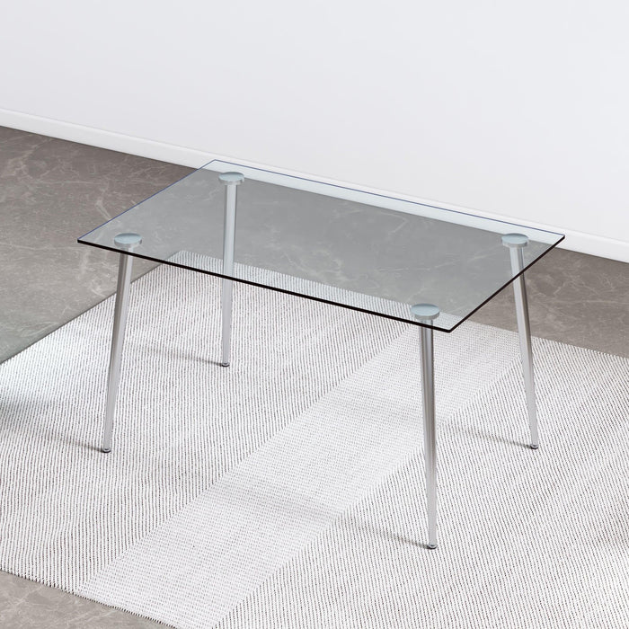 Modern Minimalist Rectangular Glass Dining Table for 4-6 with 0.31" Tempered Glass Tabletop and Silver plating Metal Legs, Writing Table Desk, for Kitchen Dining Living Room, 51" *31"* 30"