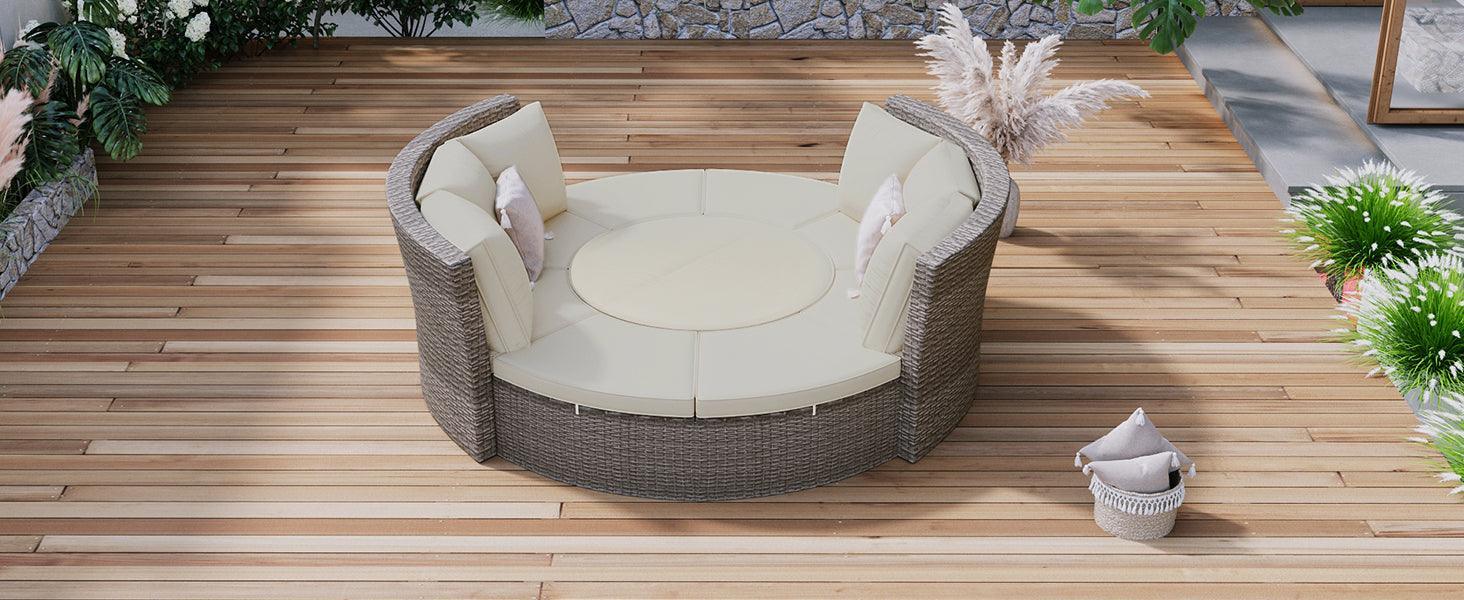 Patio 5-Piece Round Rattan Sectional Sofa Set All-Weather PE Wicker Sunbed Daybed with Liftable Table and Washable Cushions for Outdoor Poolside