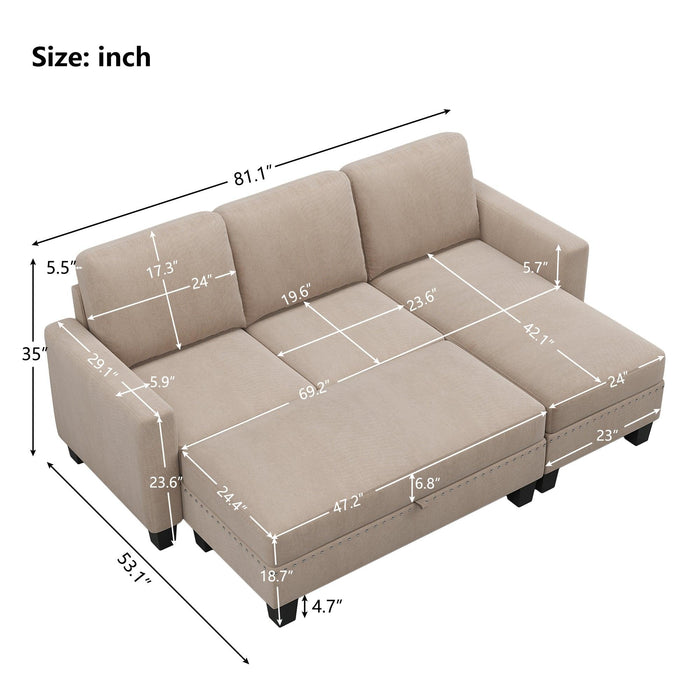 81" Reversible Sectional Couch with Storage Chaise L-Shaped Sofa for Apartment Sectional Set ,Sectional Sofa with Ottoman,Nailhead Textured Linen Fabric 3 pieces Sofa Set,Warm Grey