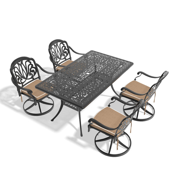 5-Piece All-Weather Cast Aluminum Dining Set, Include 4 Swivel Chairs and Rectangular Table With Black Frame - DTYStore