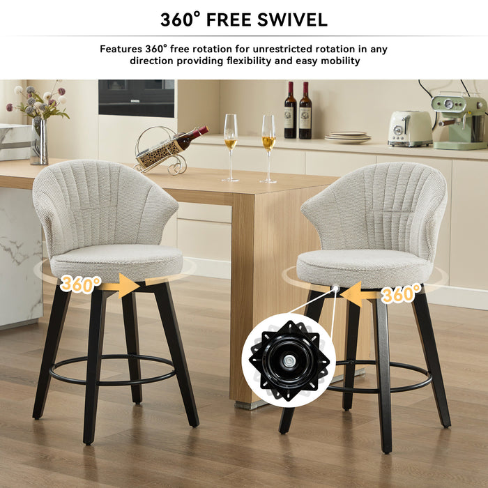 008-Wing Back Swivel Bar Stools Set of 2 - 25' Counter Height Adjustable Stools with Solid Wood Legs & Chenille Upholstery, Leveling Feet for Kitchen Island, Home Pub or Dining Room, White - DTYStore