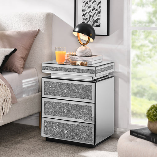 Mirrored Nightstand with 3 Drawers, Silver Nightstand with Crystal Inlay, Mirror End Table, Modern Bedside Table, Glass Table for Bedroom, 13.8''W x 17.7' L x 23.6' H - DTYStore