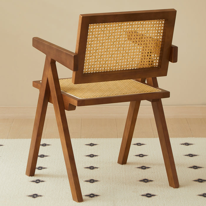 2 dining chairs, walnut color, using rubber wood rattan weaving process, armrest solid wood dining chair, living room chair, simple and natural - DTYStore
