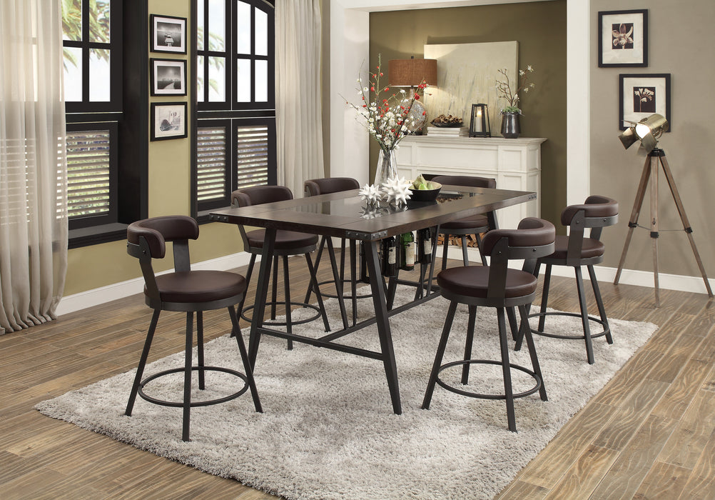 Metal Base 24-inch Counter Height Chairs Set of 2pc Brown Seat 360-degree Swivel Faux Leather Upholstered Dining Room Furniture - DTYStore