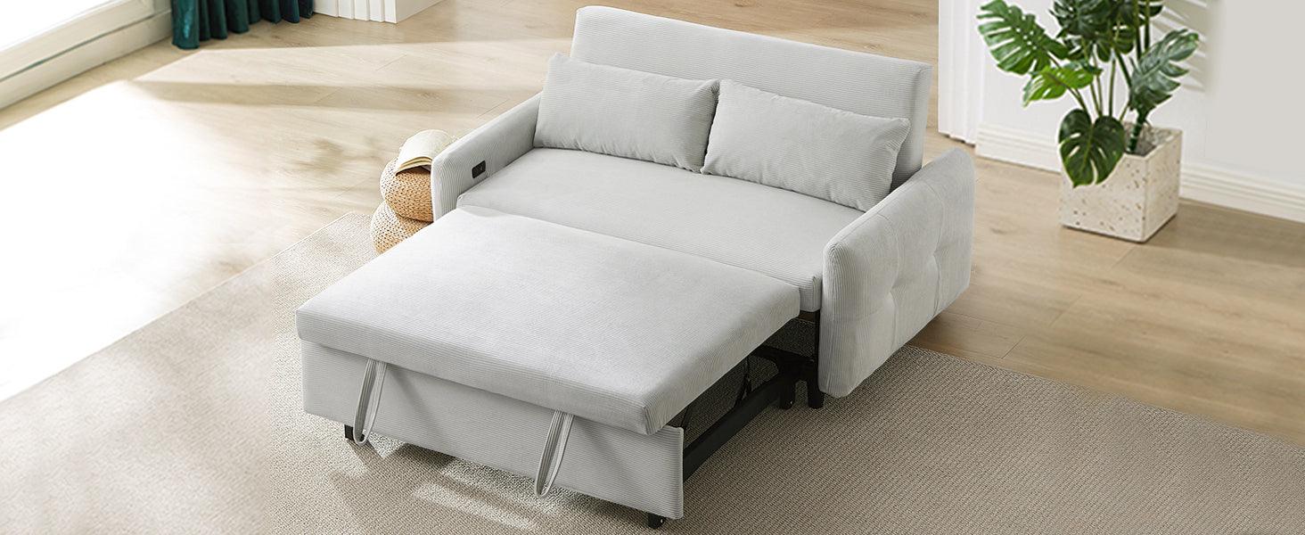 57.48" Pull-out Sofa Bed Convertible Couch 2 Seat Loveseat Sofa Modern Sleeper Sofa with Two Throw Pillows and USB Ports for Living Room, Light Blue