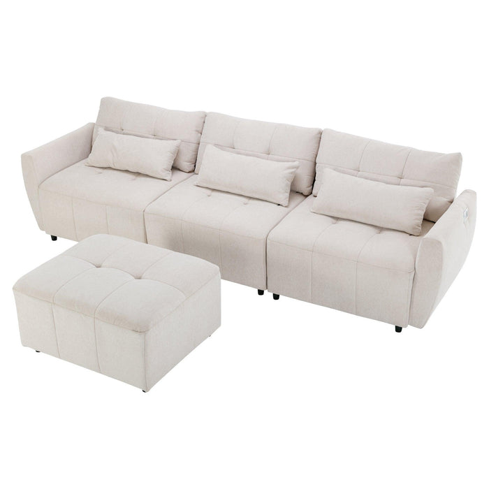 113.3" Convertible Sectional Sofa Couch 3-Seat L-Shaped with Movable Ottoman and USB