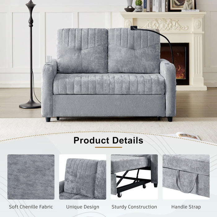 53.9" Modern Loveseat Pull-out Sofa Bed with Adjustable Backrest, Two Cup Holders , a Phone Holder, Three Charging Ports and Side Storage Pockets for Living Room, Grey