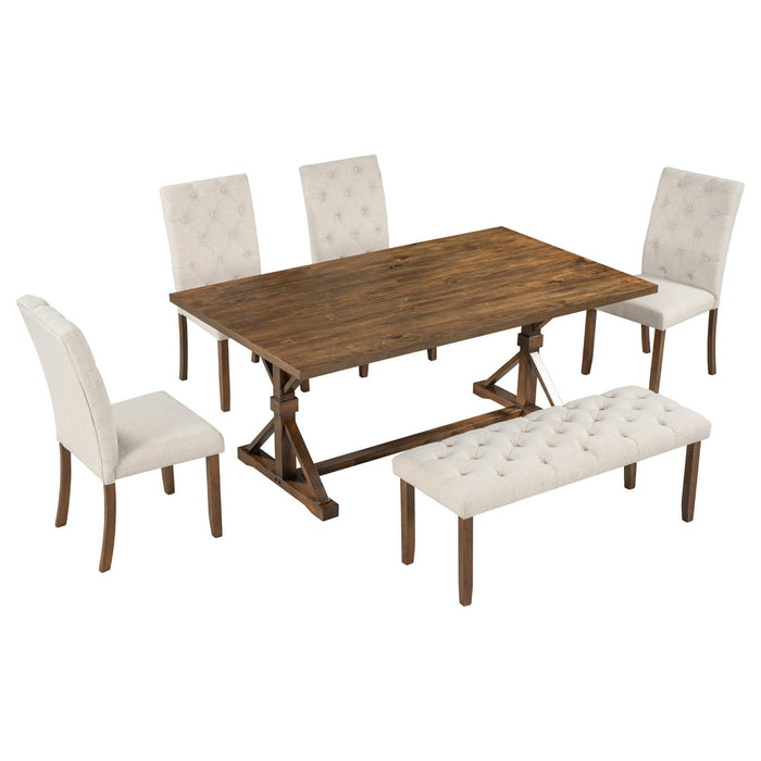 6-Piece Farmhouse Dining Table Set 72" Wood Rectangular Table with Upholstered Chairs and Bench