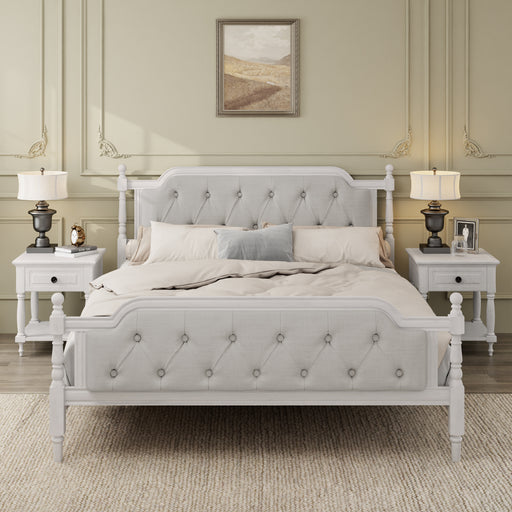 Traditional Style Solid Wood Bed Frame with Upholstered Tufted Headboard,No Box Spring Needed,Queen Size, Antique White - DTYStore