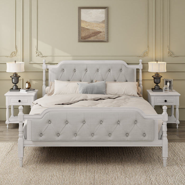 Traditional Style Solid Wood Bed Frame with Upholstered Tufted Headboard,No Box Spring Needed,Queen Size, Antique White - DTYStore