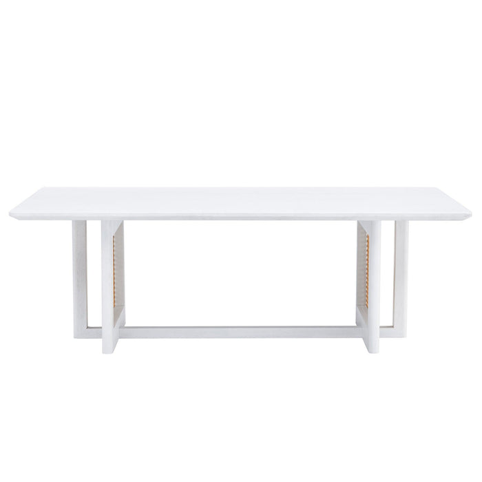 Chinese style white solid wood and imitation rattan coffee table, rectangular solid wood coffee low table, small living room coffee table