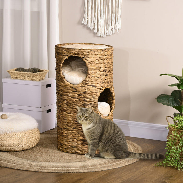 Elevated Cat Bed with Three Hideaways & Four Soft Plush Cushions, Cat Tower with Hand-Woven Materials, Multi-Layer Raised Kitten Bed Caves