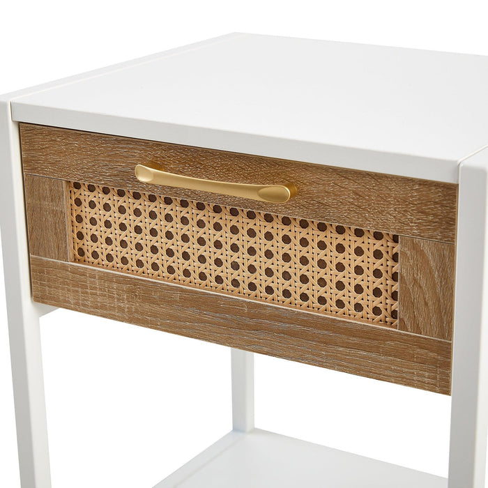 15.74" Rattan End table with drawer, Modern nightstand, metal legs,side table for living room, bedroom,white(1 pc) - DTYStore