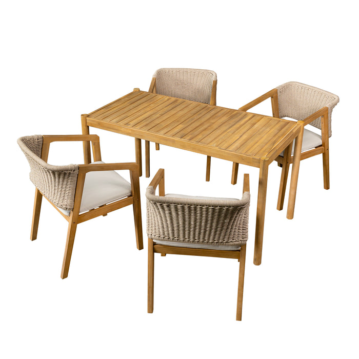 Acacia Wood Outdoor Dining Set of 5, Dining Furniture Set with 1 Table 4 Chairs, Teak and Beige - DTYStore