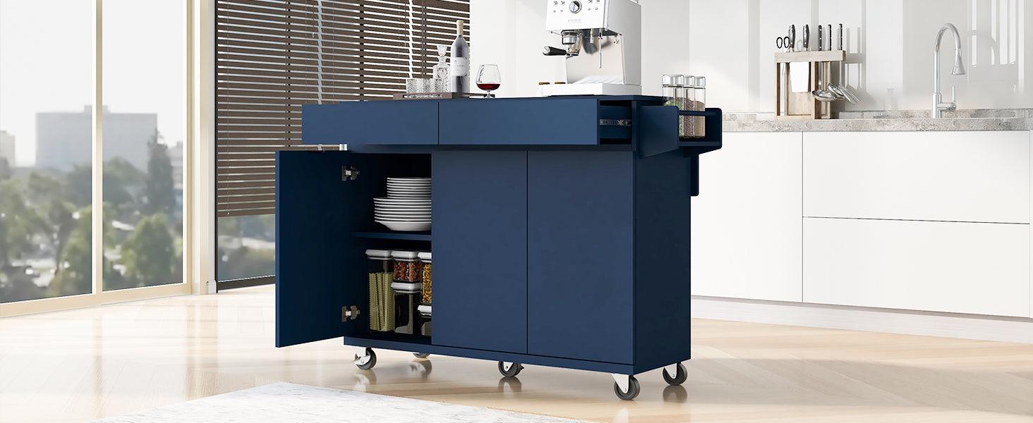 K&K 53.2'' Kitchen Island with Drop Leaf, Kitchen Storage Cart with Spice Rack, Towel Rack and 2 Drawers, Rolling Kitchen Island on Wheels with Adjustable Shelves for Kitchen, Dining Room, Navy Blue