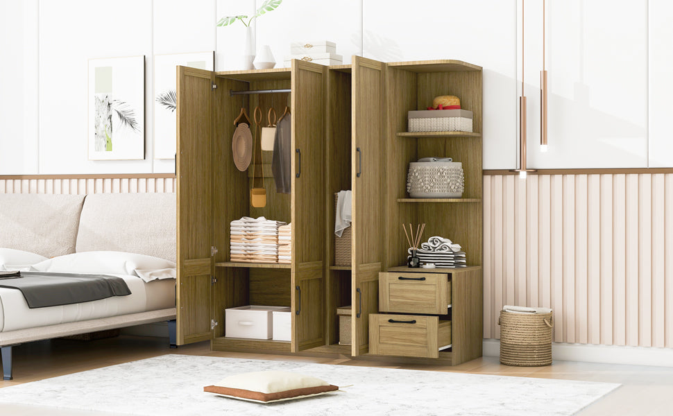 3 Door Wooden Storage Wardrobe for Dedroom with Shelves and 2 Drawers, Side Storage Shelves,Nature - DTYStore