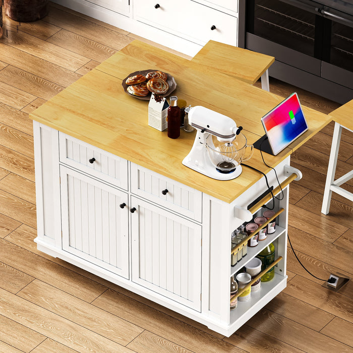 48inch Large Kitchen Island with 2 Bar Stools, Power Outlet, Door Internal Storage Rack, Kitchen Storage Cart on 5 Wheels with Drop Leaf, 5 Open Side Racks, 2 Drawers,for Kitchen,Dining Room,White - DTYStore