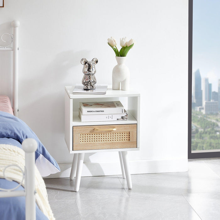 15.75" Rattan End table with drawer and solid wood legs, Modern nightstand, side table for living room, bedroom, white - DTYStore