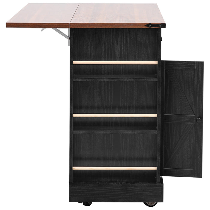 53'' Farmhouse Kitchen Island with Two Tempered Glass Cabinet Doors, Power Outlet, Rolling Kitchen Cart on Wheels with Drop Leaf, 5 Open Side Racks, 3 Drawers, for Kitchen, Dining Room, Black - DTYStore