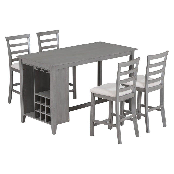 5-Piece Multi-Functional Rubber Wood Counter Height Dining Set with Padded Chairs and Integrated Wine Compartment