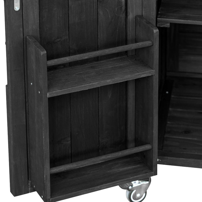 Outdoor Kitchen Island, Rolling Bar Cart & Storage Cabinet, Farmhouse Solid Wood Outdoor Grill Table with Stainless Steel Top, Spice Rack , Towel Rack for Kitchen & Barbecue, Black - DTYStore