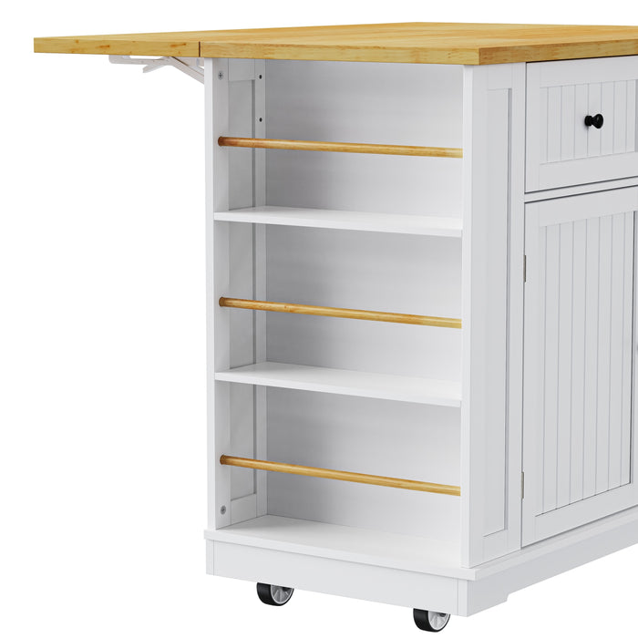 48inch Large Kitchen Island with 2 Bar Stools, Power Outlet, Door Internal Storage Rack, Kitchen Storage Cart on 5 Wheels with Drop Leaf, 5 Open Side Racks, 2 Drawers,for Kitchen,Dining Room,White - DTYStore
