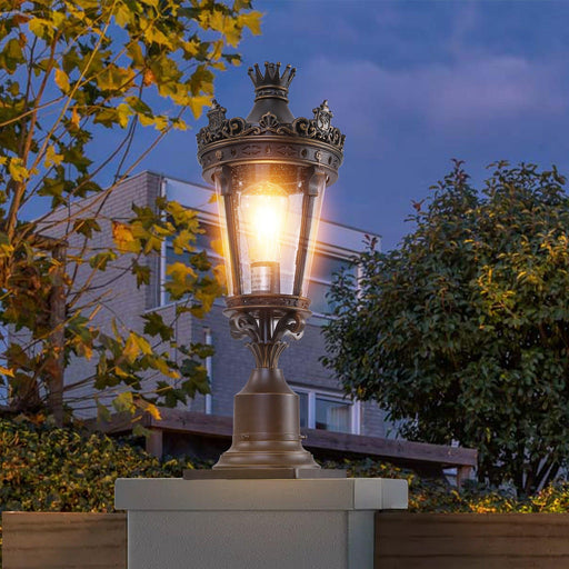 Vintage Crown Outdoor Post Lantern, Waterproof Decorative Table Lamp with Clear Glass Shade and Antique Metal Base for Garden, Patio, Porch, Pathway Lighting (One piece&No bulb) - DTYStore