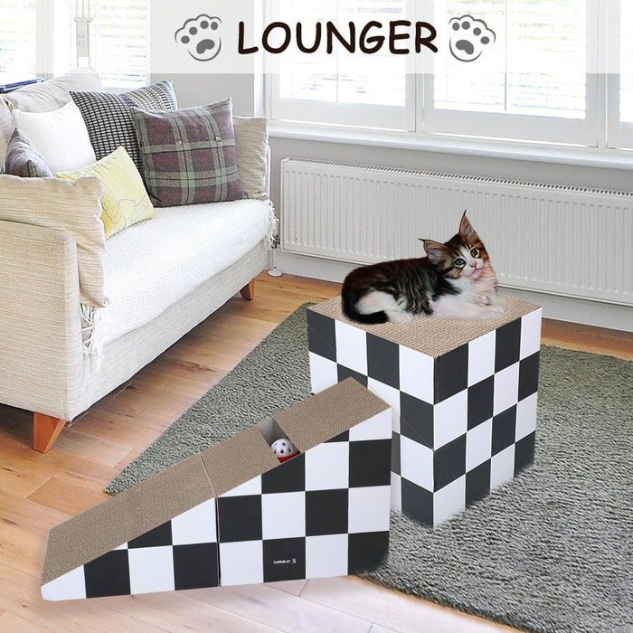 Cat Scratching Board with Ball, Triangle Cat Scratching Cardboard, Multiple Scratching Angles, 2-in-1 Scratching Lounge Bed, Recyclable and Durable, Furniture Protector, Black and White - DTYStore