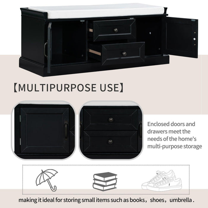 TREXM Storage Bench with 2 Drawers and 2 Cabinets, Shoe Bench with Removable Cushion for Living Room, Entryway (Black)