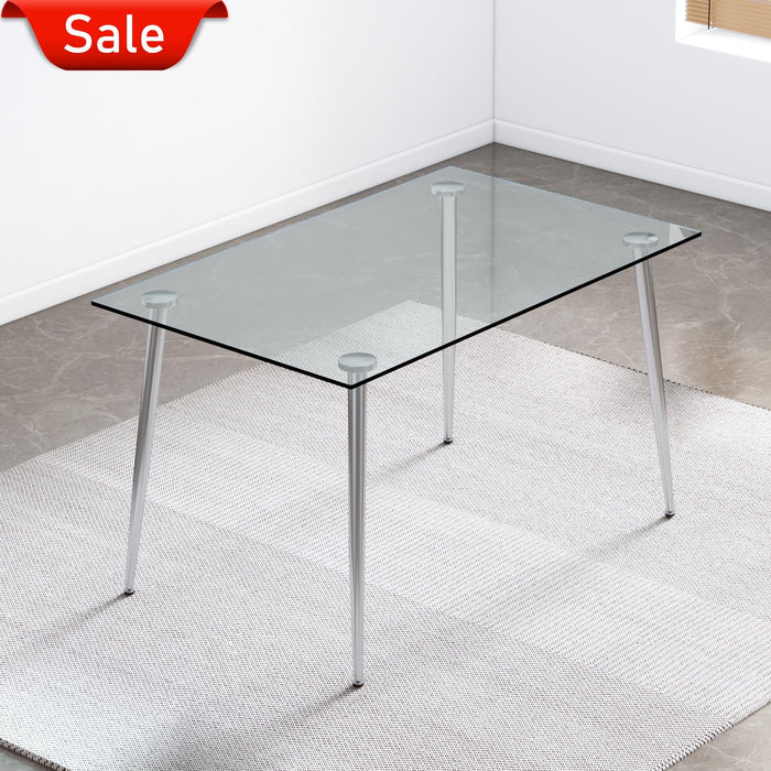 Modern Minimalist Rectangular Glass Dining Table for 4-6 with 0.31" Tempered Glass Tabletop and Silver plating Metal Legs, Writing Table Desk, for Kitchen Dining Living Room, 51" *31"* 30"