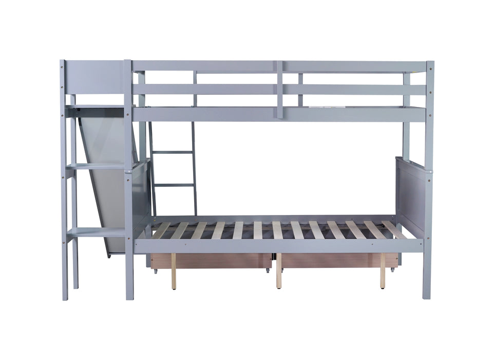 Twin over Full Bunk Bed with 2 Drawers, Slide, Shelves, Ladder, Rubber Wood Bunk Bed with Slide, Drawers,Grey(Old Sku:W504S00061) - DTYStore