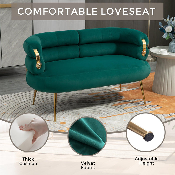 COOLMORE Small Loveseat Sofa, Upholstered Mini Couch with Curved Backrest with Stylish Golden Decor, Small Comfy Love Seat Leisure Accent Couch for Living Room, Bedroom, Office (Green)