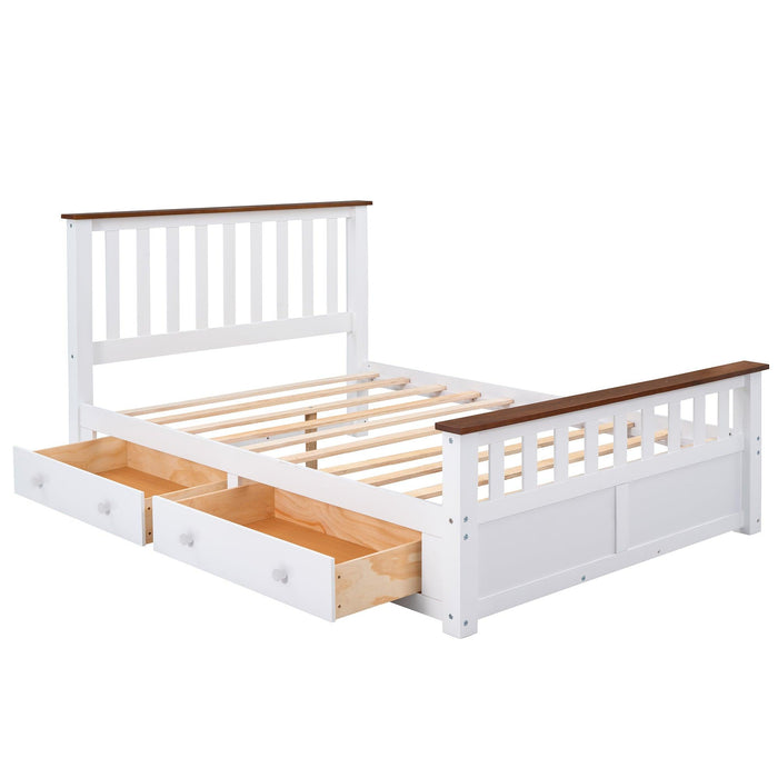 Full Size Wood Platform Bed with Two Drawers and Wooden Slat Support,White+walnut