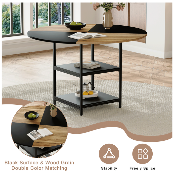47.3-inch diameter modern splicing circular dining table - double-layer storage, wood and black fan-shaped diagonal color matching design, interpreting home aesthetics and practicality. - DTYStore