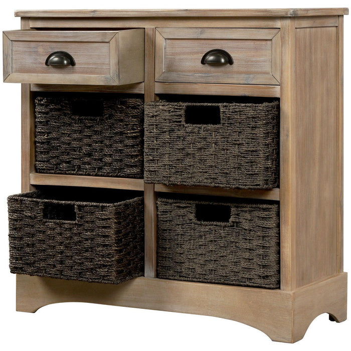 Rustic Storage Cabinet with Two Drawers and Four Classic Rattan Baskets for Living Room