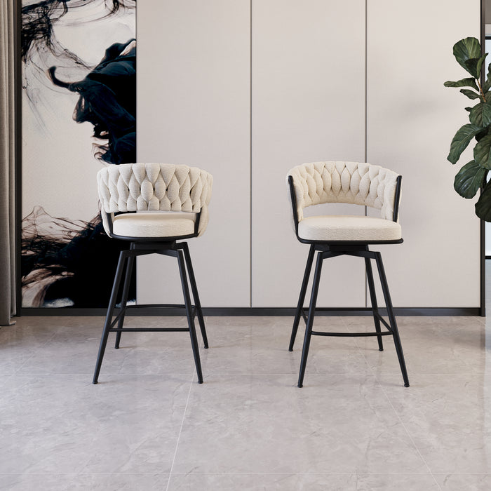 26' Bar Chair Linen Woven Bar Stool Set of 2,Black legs Barstools No Adjustable Kitchen Island Chairs,360 Swivel Bar Stools Upholstered Bar Chair Counter Stool Arm Chairs with Back Footrest (White) - DTYStore