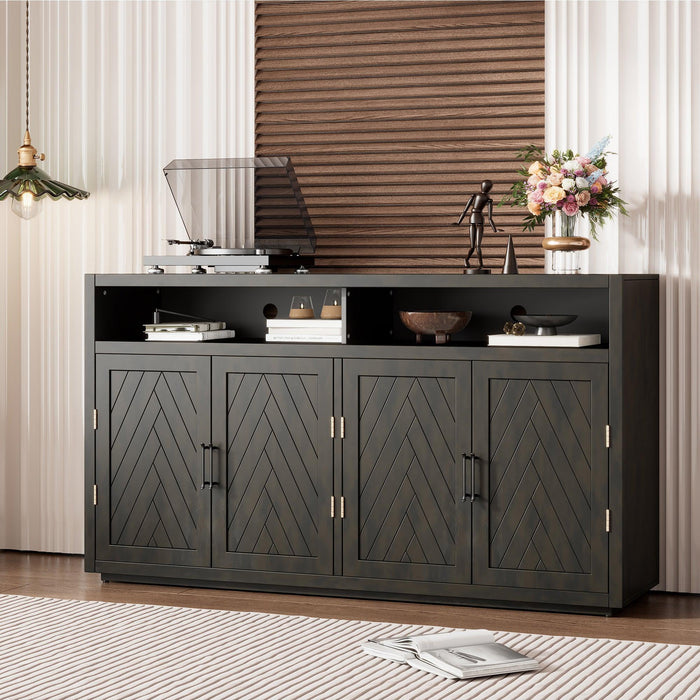 TREXM 4-door Classic Sideboard with Open Storage and Adjustable Shelves Perfect for kitchens, living rooms (Grey Brown)