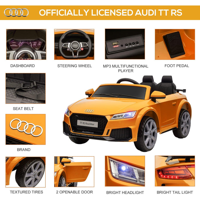 6V Kids Electric Ride On Car, Licensed Audi TT RS with Suspension System and Remote Control, Horn, 5 Songs, Lights, MP3 Player - Yellow