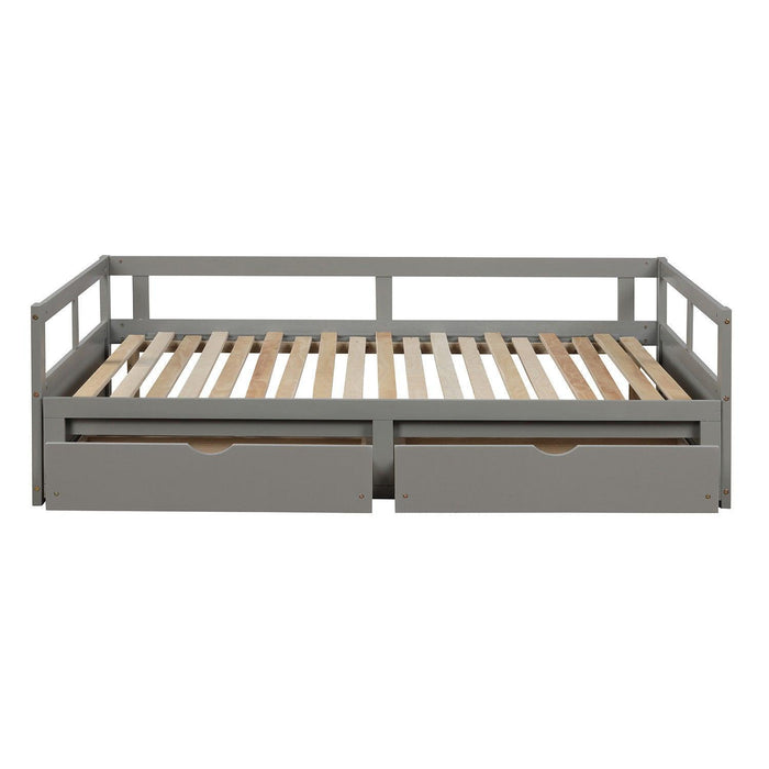 Wooden Daybed with Trundle Bed and Two Storage Drawers , Extendable Bed Daybed,Sofa Bed for Bedroom Living Room, Gray - DTYStore