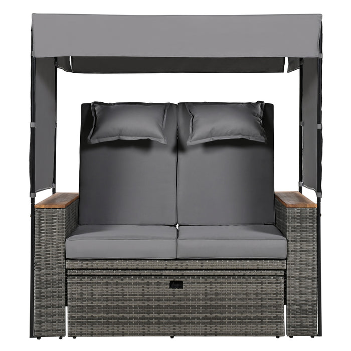 2-Piece Outdoor Rattan Daybed, Outdoor Bed with 5 Positions, Outdoor Loveseat Patio Sofa with Bench Lounge Roof Set and Cushions for Poolside, Backyard and Garden (Grey Wicker + Grey Fabric) - DTYStore