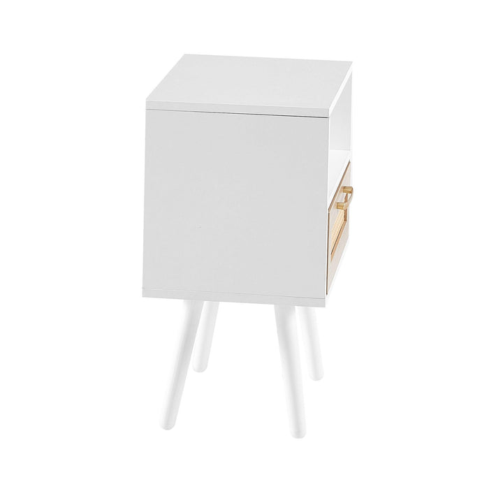 15.75" Rattan End table with drawer and solid wood legs, Modern nightstand, side table for living room, bedroom, white - DTYStore