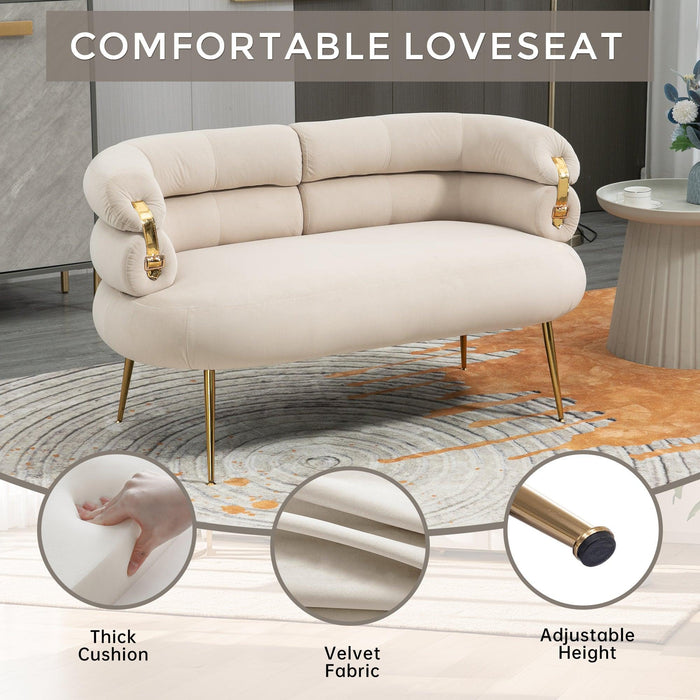 COOLMORE Small Loveseat Sofa, Upholstered Mini Couch with Curved Backrest with Stylish Golden Decor, Small Comfy Love Seat Leisure Accent Couch for Living Room, Bedroom, Office (Beige)