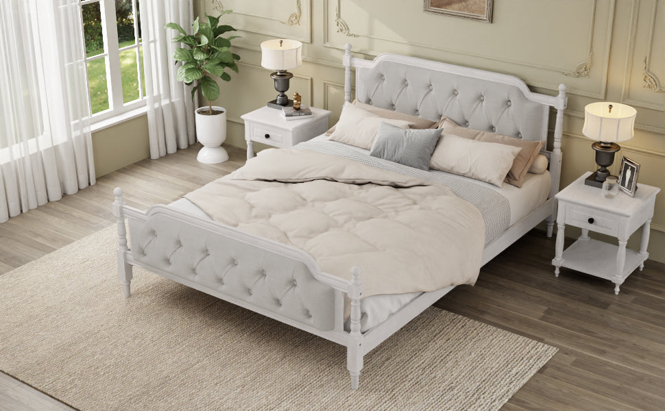 Traditional Style Solid Wood Bed Frame with Upholstered Tufted Headboard,No Box Spring Needed,Queen Size, Antique White - DTYStore