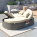 Outdoor Sun Bed Patio 2-Person Daybed with Cushions and Pillows, Rattan Garden Reclining Chaise Lounge with Adjustable Backrests and Foldable Cup Trays for Lawn, Poolside, Beige