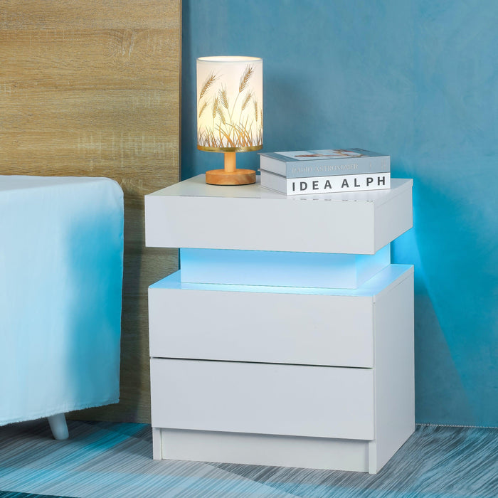 LED Nightstand Modern White Nightstand with Led Lights Wood Led Bedside Table Nightstand with 2 High Gloss Drawers for Bedroom