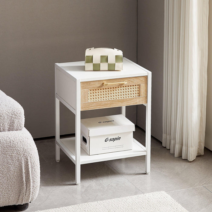 15.74" Rattan End table with drawer, Modern nightstand, metal legs,side table for living room, bedroom,white(1 pc) - DTYStore