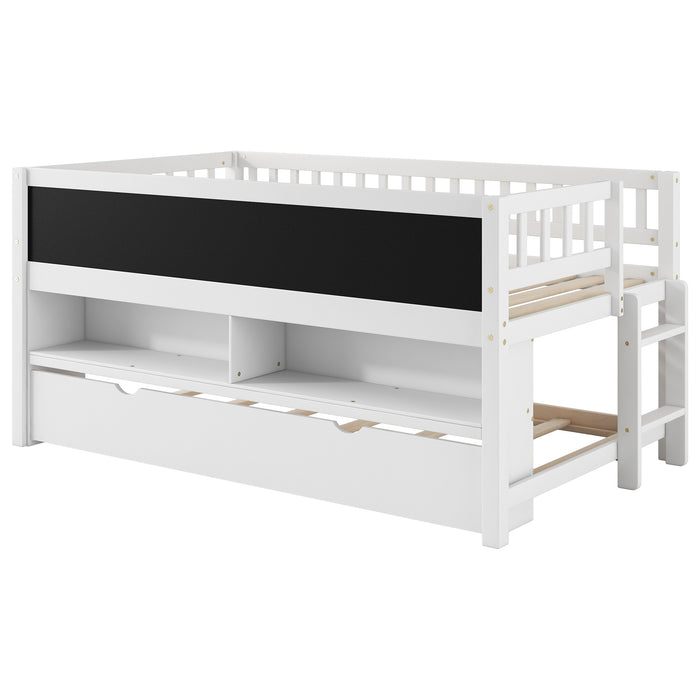 Twin Size Wood Low Loft Bed with Storage Shelves, Blackboard and Trundle, White - DTYStore